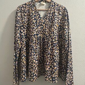 Layerz‎ Clothing Blouse Leopard Print Long Sleeve Babydoll Top Navy Pink Gold M